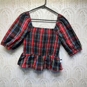 Draper James RSVP Smocked Peplum Top Womens S Red Black Plaid Puff Sleeve NWT